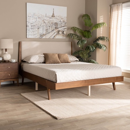 Senna Mid-Century Beige Fabric Upholstered And Walnut Brown Finished Wood Platform Bed-King